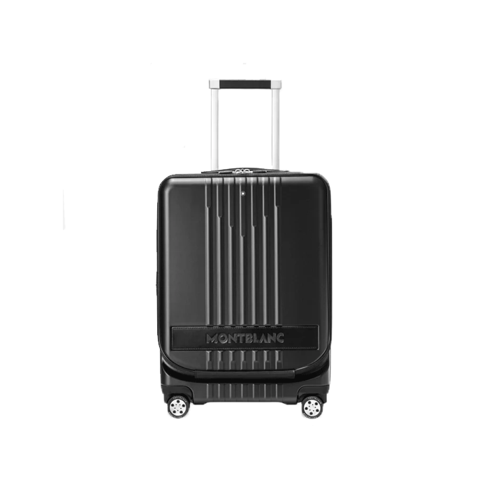 Montblanc's #MY4810 Cabin Trolley Case with Front Pocket, Black has the brand name across the front.