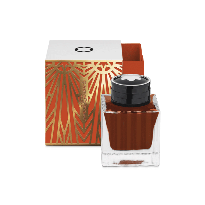 Montblanc's Meisterstück The Origin Collection Ink Bottle, Coral 50 ml has a rich coral shade and is perfect for gifting with the pens.