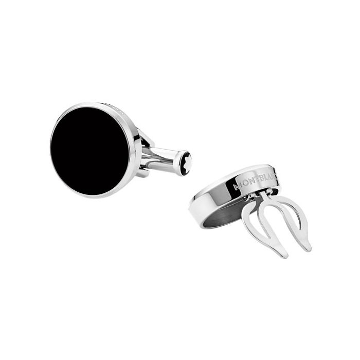 Montblanc stainless steel cufflinks & button covers with a black onyx inlay.