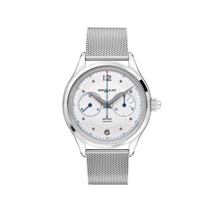 This is the Montblanc Heritage Monopusher Silver Steel Chronograph Watch. 