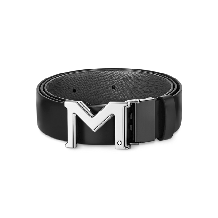 Montblanc's 'M' Pin Buckle Reversible Black Leather Belt has plain leather and saffiano on the reverse. 