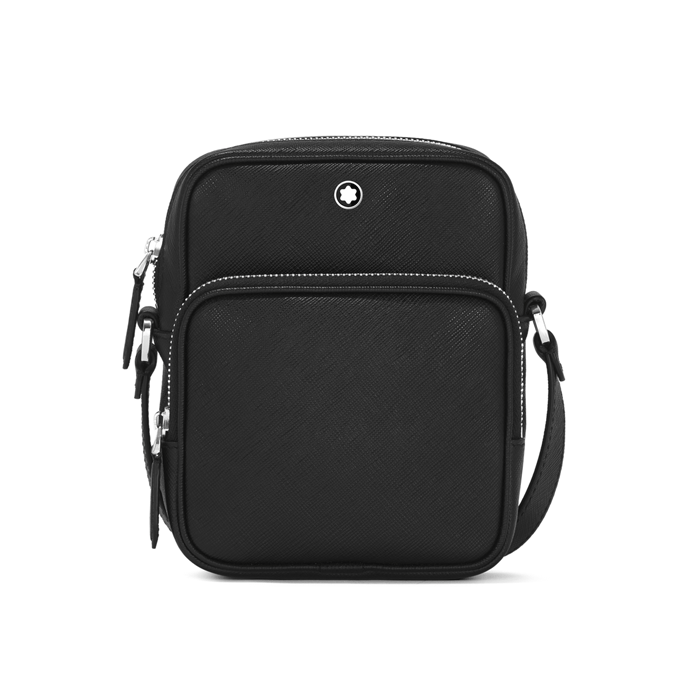 This Montblanc Sartorial Black Leather Nano Messenger Bag has a front zip pocket with silver hardware.
