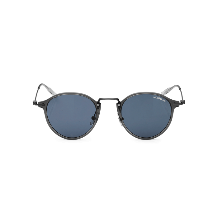 Montblanc's Round Grey Frame Sunglasses with Blue Lenses come in a leather case. 