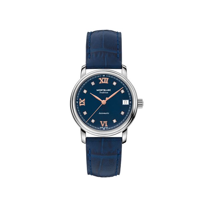 This Calf Leather Blue Automatic Date Tradition Watch is designed by Montblanc. 