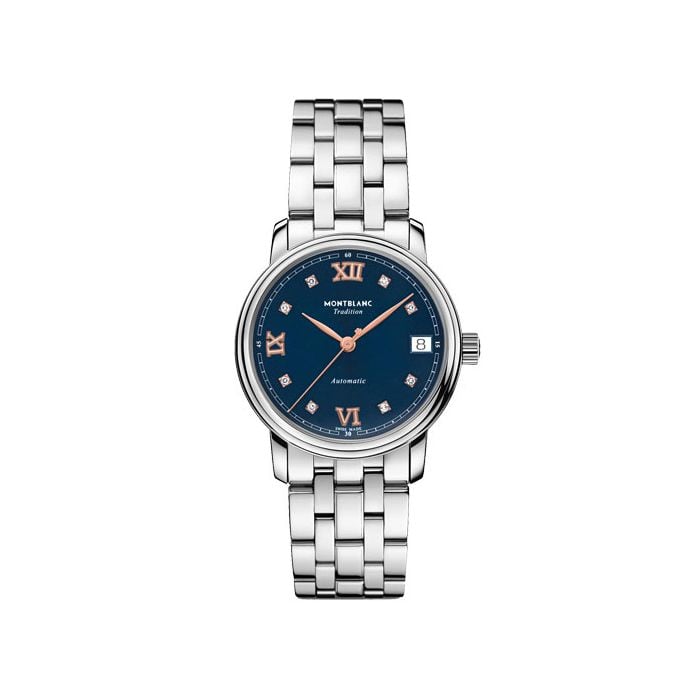 This Stainless Steel Blue Automatic Date Tradition Watch is designed by Montblanc. 