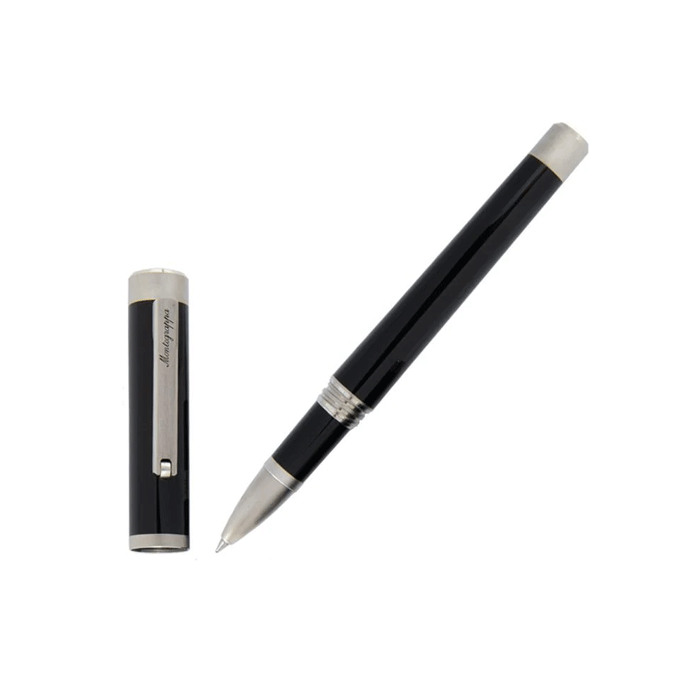 This Montgrappa Zero Black Rollerball Pen with Palladium IP has the brand name engraved on the clip. 