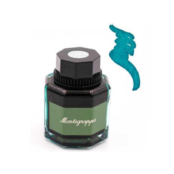 Montegrappa Turquoise bottled ink, ideal for refilling any Montegrappa fountain pen with a built-in or removable converter. Packaged inside a branded box and featuring a Montegrappa insignia plaque.