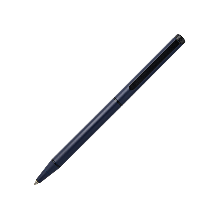 This Hugo Boss Cloud Matte Blue Ballpoint Pen has a smooth surface with a shiny black lacquer clip. 