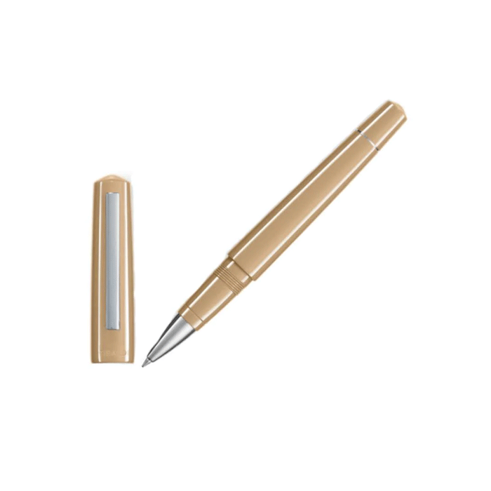 TIBALDI's Infrangible Nude Resin Rollerball Pen with chrome trims and a resin barrel with a chrome exterior. 