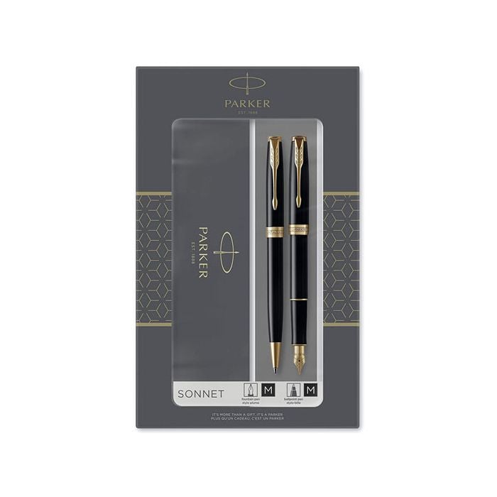 Sonnet Black Lacquer with Gold Trim Ballpoint & Fountain Pen Set designed by Parker. 