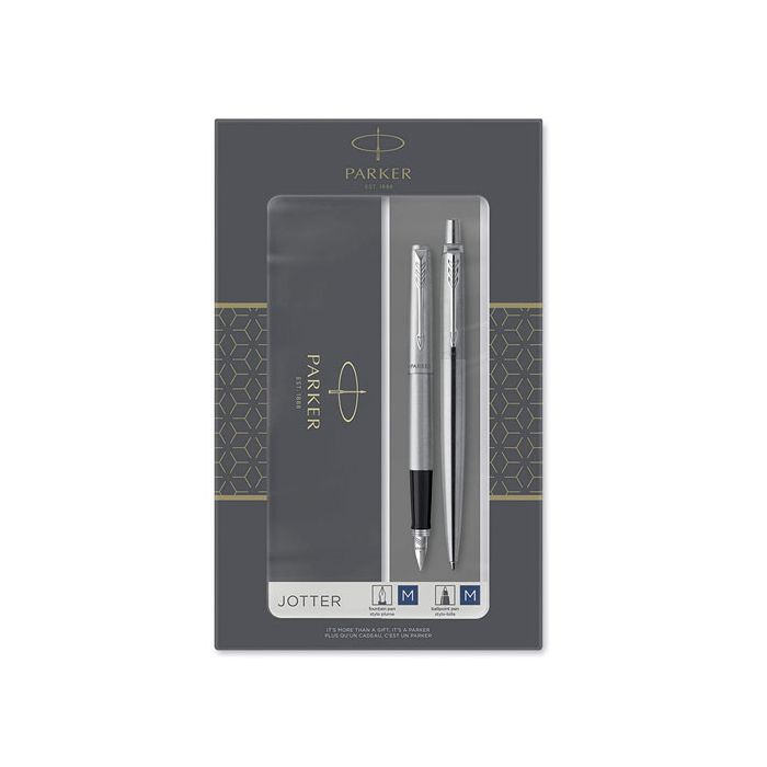 Parker's Jotter Stainless Steel Ballpoint & Fountain Pen Set will be presented inside its own packaging.