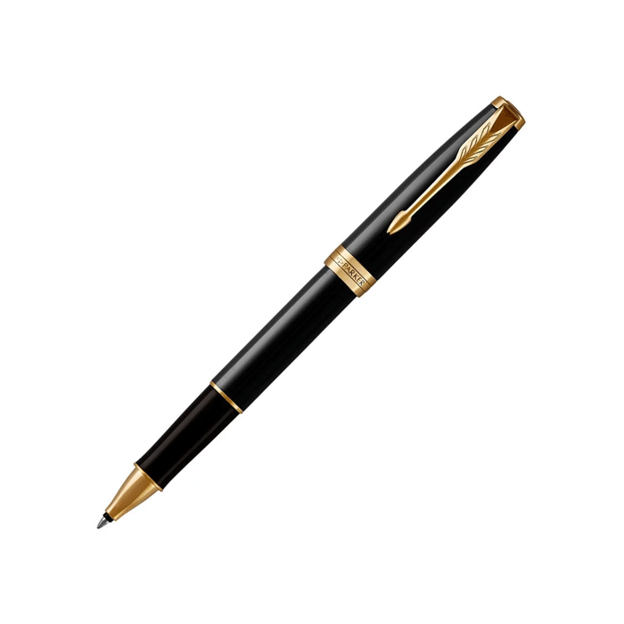 The Parker, Sonnet Glossy Black Lacquer Rollerball Pen with Fine Gold Trim. Engraved with the Parker signature of authenticity and the striking arrow secure clip of the brand.