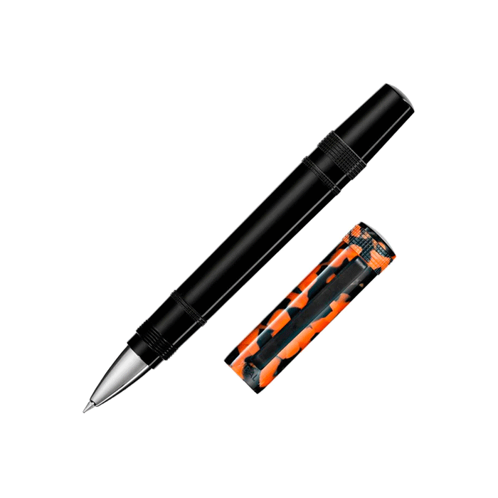 This TIBALDI Perfecta Rich Black and LP Vinyl Orange Rollerball Pen has a plain black barrel with a contrasting orange patterned cap. 