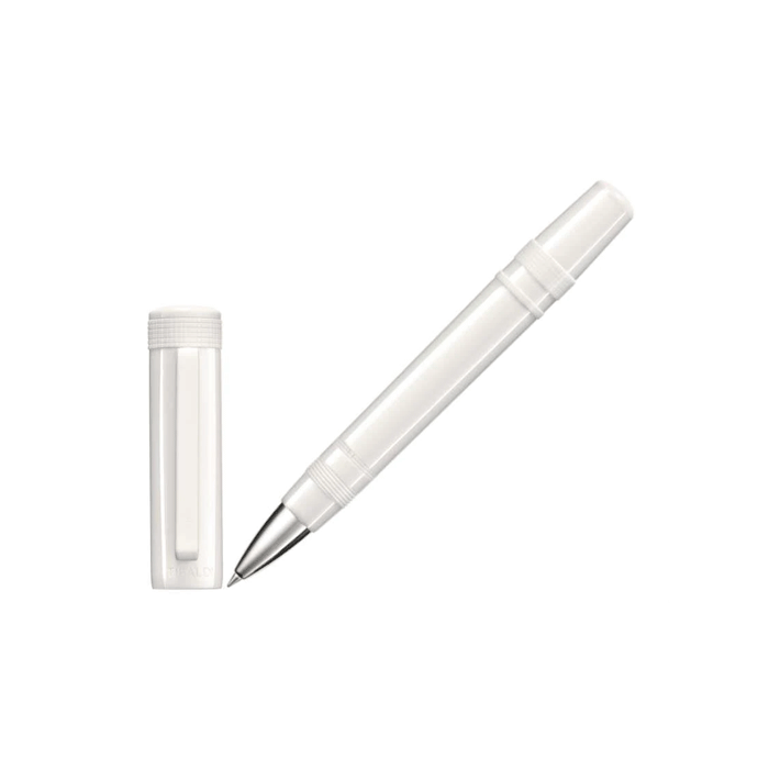 This Perfecta Powder White Rollerball Pen by TIBALDI has a stainless steel nib and a powder white barrel and cap. 
