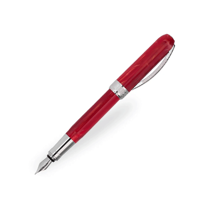This Visconti Rembrandt Red & Chrome Fountain Pen has chrome trims and a stainless steel nib. 