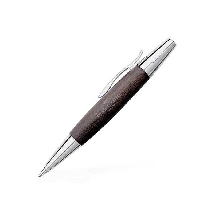 Faber-Castell, E-Motion, Pear Wood & Chrome Plated Metal Ballpoint Pen with Brand Engraving and subtle indented broken pattern around the nib and top.