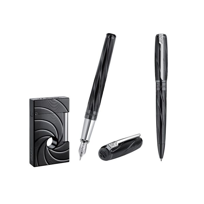 This is the S.T. Dupont Paris Spectre Premium 007 James Bond Black Lighter, Ballpoint & Fountain Pen Set. 