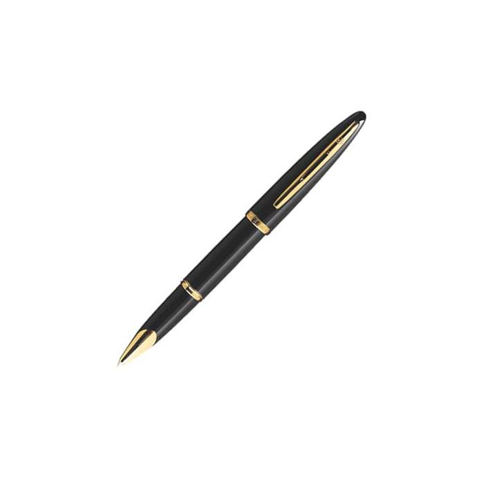 The Waterman CARÈNE Glossy Black Lacquer Rollerball Pen with Polished Gold Trim. Engraved authenticity signatures across the cap base.