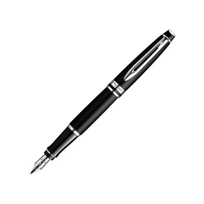 The Waterman, EXPERT Matte Black Lacquer Fountain Pen with Polished Chrome Trim. The Fountain Pen echoes the shape of a fine cigar, emulating the finest materials used. 