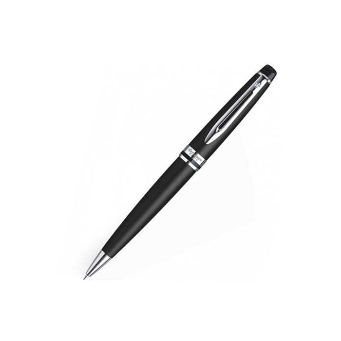 The Waterman EXPERT, Matte Black Ballpoint Pen with Chrome Plated Palladium Trim. Glossy black lacquer tip and banding breaks up the matte black lacquer body. 
