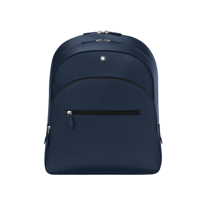 Montblanc's Sartorial Ink Blue 3 Compartment Backpack Large with front zip pocket and two zip compartments. 