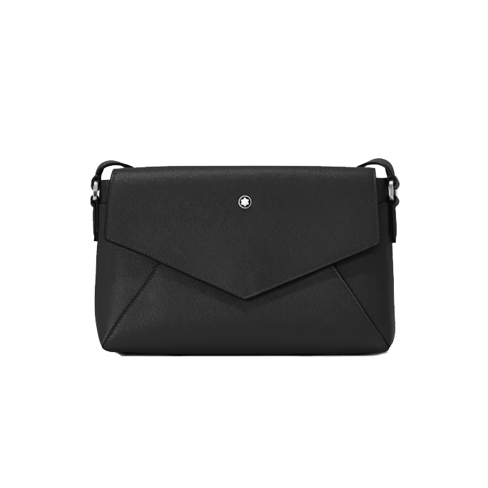 Montblanc's Sartorial Black Leather Small Double Bag is made with saffiano textured leather and silver trims.