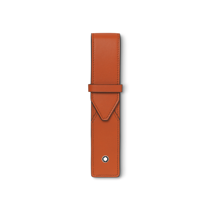 Montblanc's Meisterstück Selection Soft Pen Pouch Spicy Orange has the snowcap emblem on the front with the palladium-plated ring.