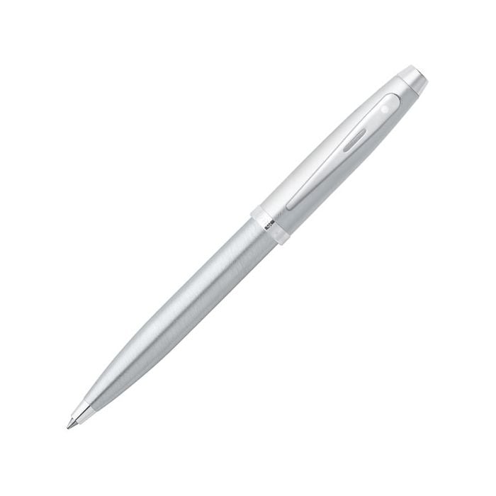 The Sheaffer 100 series ballpoint pen in brushed chrome features Sheaffer's signature cut-out clip.
