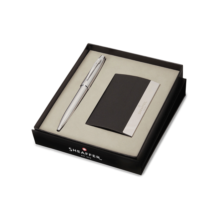 This Brushed Chrome 100 Ballpoint Pen & Card Holder Set is by Sheaffer and comes in a branded gift box. 
