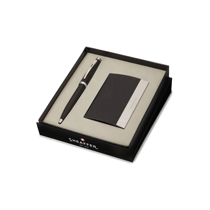This Sheaffer Matte Black 100 Ballpoint Pen & Card Holder Set comes in a branded presentation box.