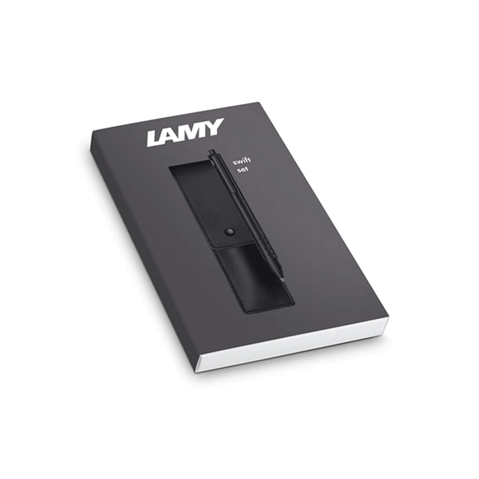 LAMY's Swift Matte Black Rollerball Pen & Case Set will come in a boxed set. 