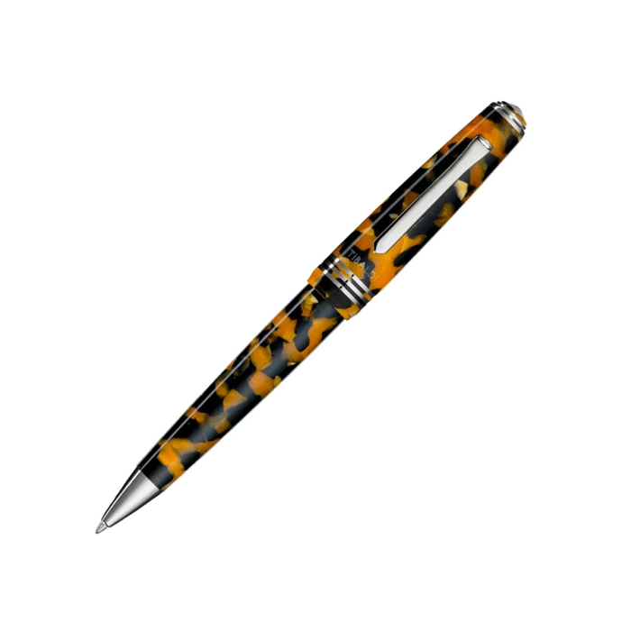 This Amber Yellow N°60 Ballpoint Pen by TIBALDI has an amber and black patterned barrel with silver trims. 