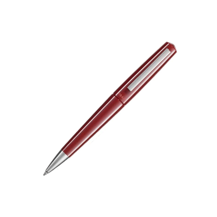 TIBALDI's Infrangible Deep Red Ballpoint Pen is made with resin and has a maroon barrel with polished chrome trims.