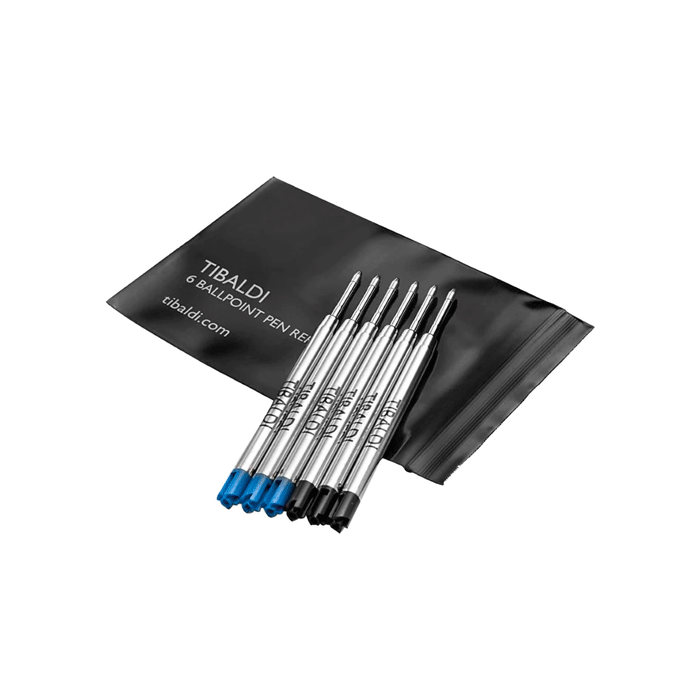 TIBALDI's Pack of 6 Ballpoint Pen Refills - Blue & Black comes in a small black pouch to keep them safe. 