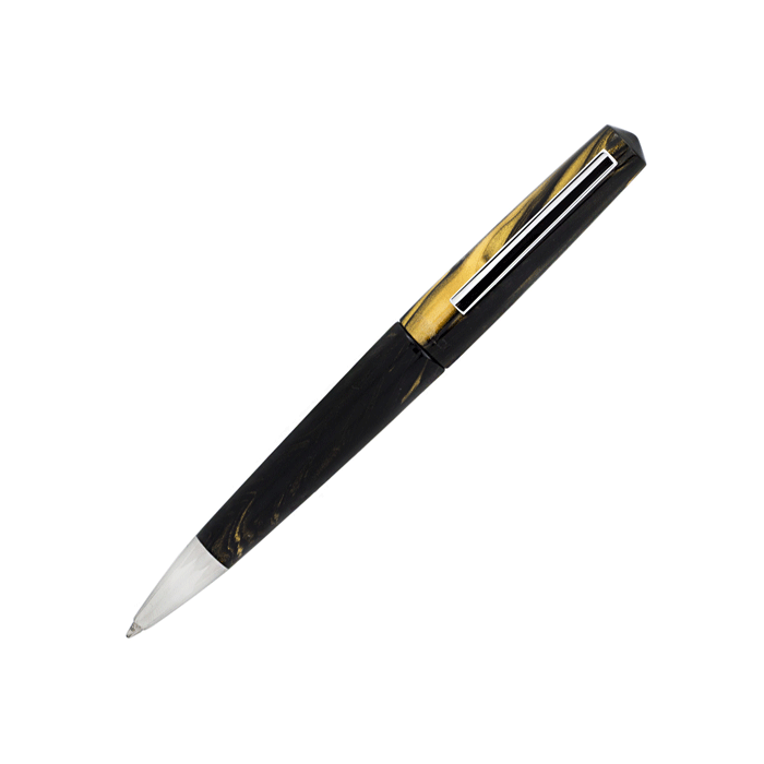 This TIBALDi Infrangible Black Gold Ballpoint Pen has a liquid print on the barrel in black and gold. 