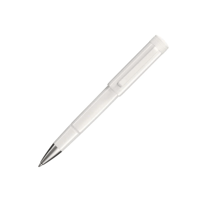 TIBALDI's Powder White Perfecta Ballpoint Pen with a white resin barrel and rubber clip in matching white. 