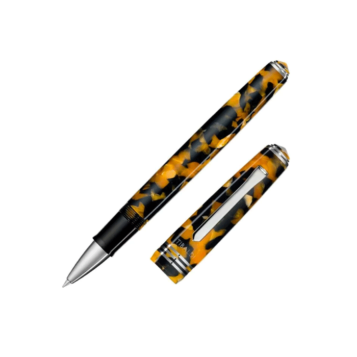 This TIBALDI Amber Yellow N°60 Rollerball Pen is made with resin and has an amber and black pattern barrel and cap.