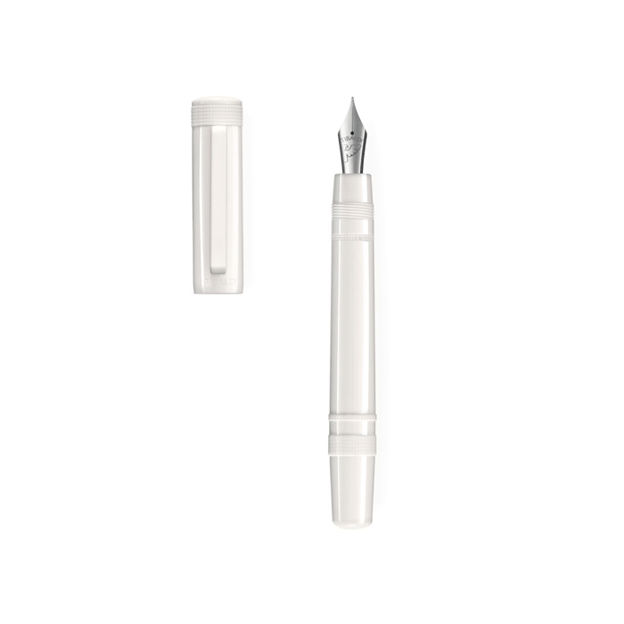 This Powder White Perfecta Fountain Pen by TIBALDI has a matching rubber clip in white and a stainless steel nib.
