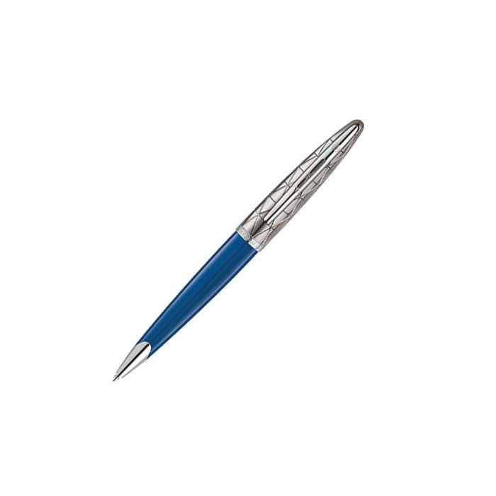 The Waterman, Carene, Blue Lacquer & Gunmetal Ballpoint. Features a geometric engraved cap, finished with polished signature engraving and embossed secure clip. the polished blue lacquer body is smooth in hand comfortable to hold, a twist mechanism releas