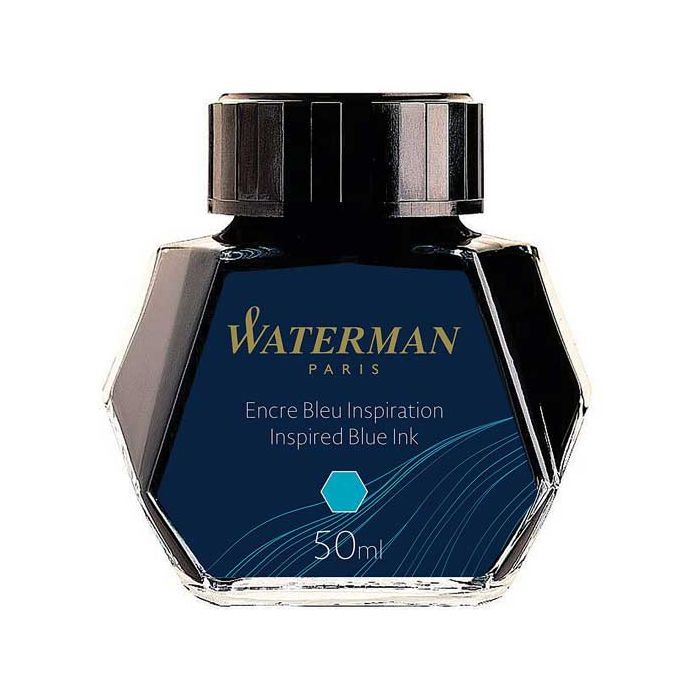 Waterman, 50ml INK BOTTLE, Inspired Blue Ink for Fountain Pen or Calligraphy. Ideal for use with Waterman Cartridge Converters. High Pigment colours inside a thick glass bottle.