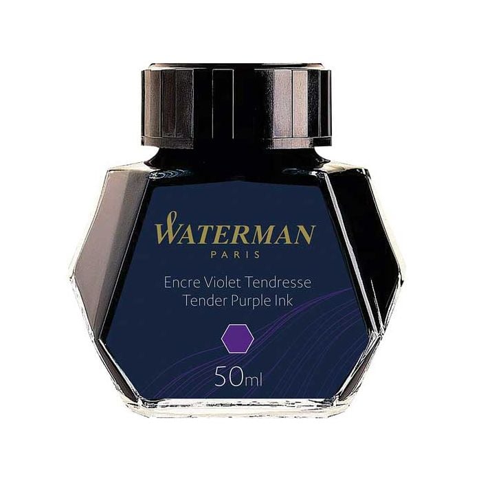 Waterman, 50ml INK BOTTLE Tender Purple Ink for Fountain Pens & Calligraphy. Ideal for refilling a Waterman cartridge converter. Stored in a thick glass bottle and presented inside a standard box.