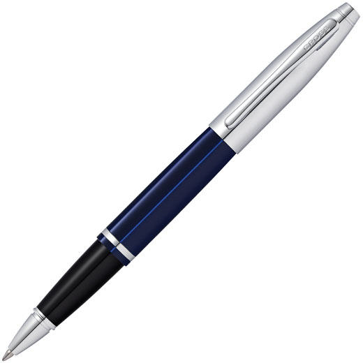 Calais Polished Blue Lacquer & Chrome Rollerball Pen