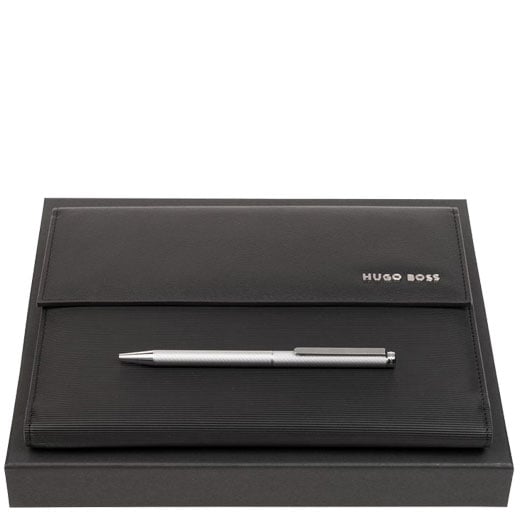 Cloud Chrome Ballpoint Pen & Black Pinstripe A5 Folder Set