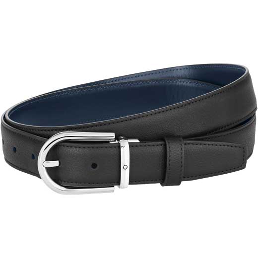 Polished Palladium & Black/Blue Leather Horseshoe Pin Buckle Business Line Belt