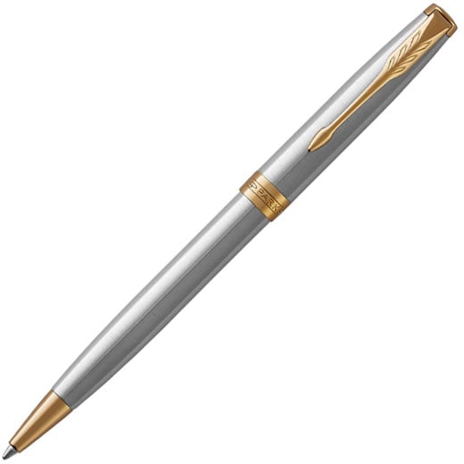 Sonnet Brushed Stainless Steel Ballpoint Pen with Gold Trim