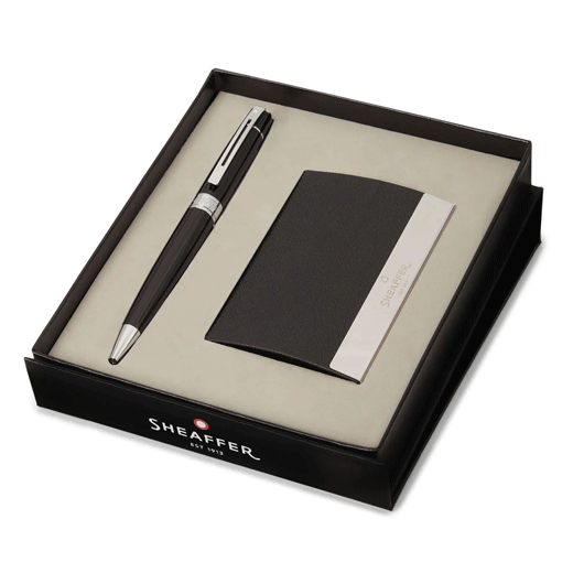 300 Gloss Black Ballpoint Pen & Card Holder Set