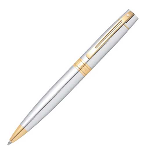 300 Polished Chrome Ballpoint Pen with Gold Trim