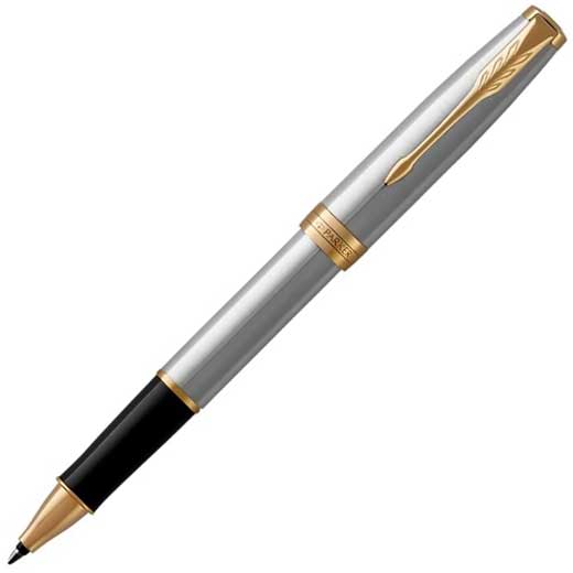 Brushed Stainless Steel Sonnet Rollerball Pen with Gold Trim